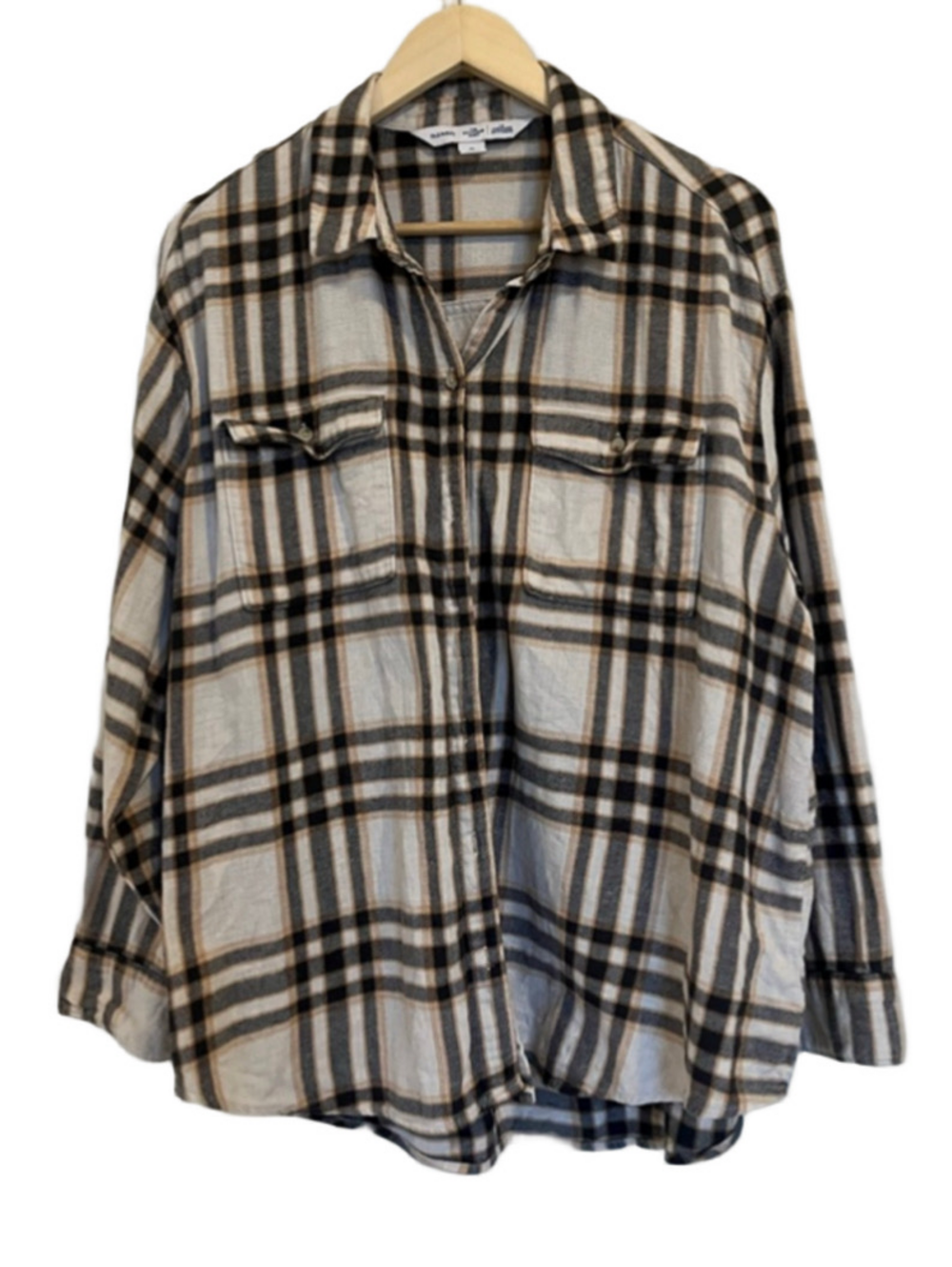Oversized Neutral Old Navy Plaid Button Down Shirt XL Beige Black Tartan
